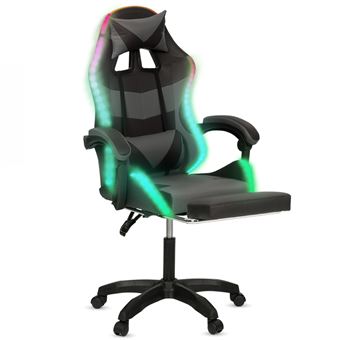 Fauteuil de gaming LED LUC avec repose-pied, coussin de tête et support lombaire noir et gris - 1