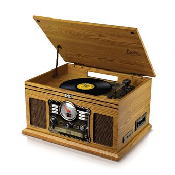 Tourne-Disque RETRO- Britz 2x50W- 33/45/78 Tours - USB SD / Bluetooth RADIO FM / Lecteur CD/Cassette - 2 HP Stéréo - Bois - 1