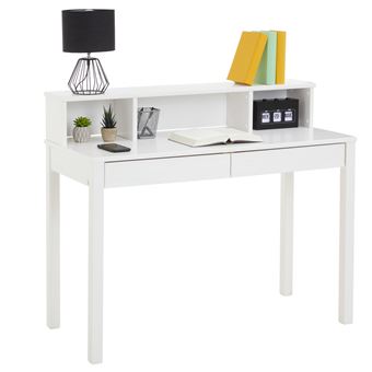 Bureau LENNOX avec rangement 2 tiroirs et 3 niches, en pin massif lasuré blanc - 1