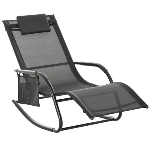 Chaise longue à bascule - rocking chair ergonomique - tétière amovible, accoudoirs, pochette rangement - métal époxy textilène noir