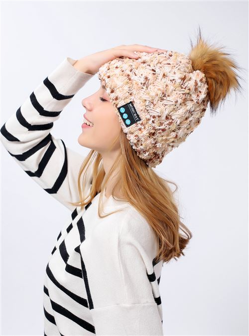 Bonnet Bluetooth avec Pompon pour HONOR 8 Smartphone avec Ecouteurs Integres Reglage Boutons Universel Hiver (BEIGE)