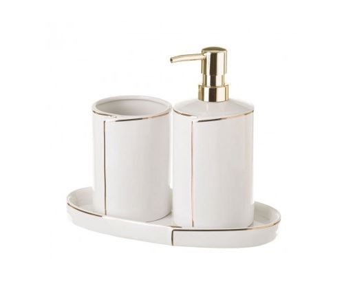 Set Salle de Bain Céramique Blanc et Or - Distributeur Savon, Verre, Porte Savon