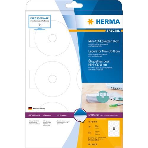 Herma 8619 &Eacute;tiquettes de CD Mini diam&egrave;tre 78 A4 60 pi&egrave;ces Blanc