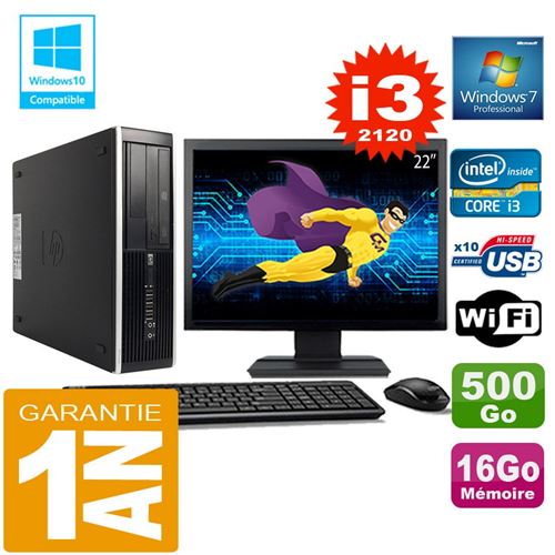 Pc hp compaq 8300 sff core i3-2120 ram 16go disque 500 go wifi w7 ecran 22'