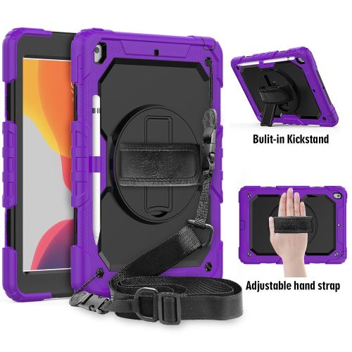 Coque en TPU + Silicone avec béquille pivotante à 360 ° et sangle violet/noir pour votre Apple iPad 10.2 (2019)