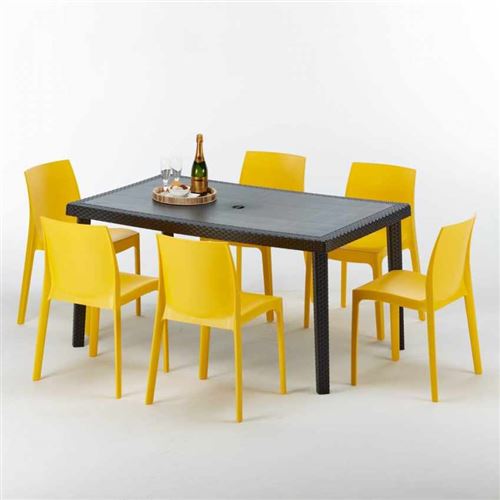 Grand Soleil - Table rectangulaire et 6 chaises Poly rotin colorées 150x90cm noir Enjoy, Chaises Modèle: Rome jaune