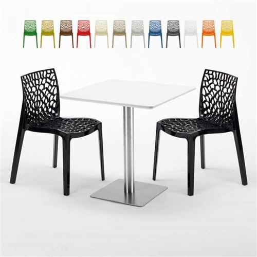Table carrée blanche 70x70 avec pied en acier et 2 chaises colorées Gruvyer STRAWBERRY, Couleur: Noir