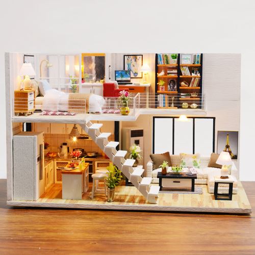 Maison miniature Bricolage 3D en bois Meubles LED Maison Puzzle décorez cadeaux Creative