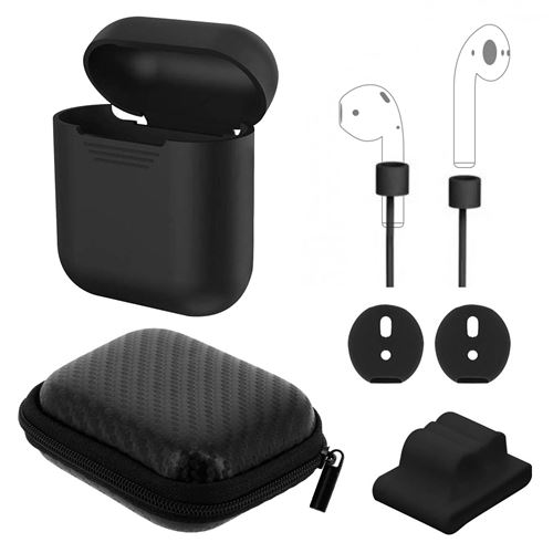 Kit Accessoires AirPods 5en1 Housse Étui Cordon Embout Support Apple Watch Noir