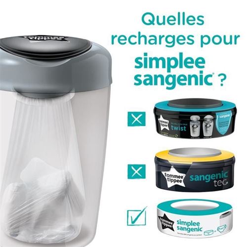 Starter pack poubelle à couches Simplee grise + 6 recharges Tommee