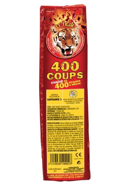 400 coups –chaine de 400 pétards à mèche le tigre pyragric reliés en batterie soumis a registre