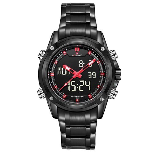 Naviforce Montre Homme bande Rouge mot bleu lcd numérique-analogique alarme de date
