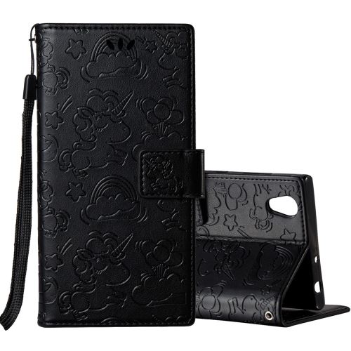 Sony Xperia L1 Housse Etui Cuir PU Gravé Licorne Mignonne Noir ALS55049