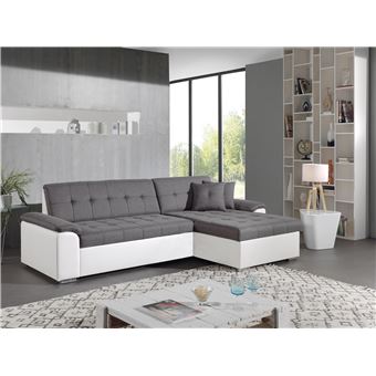 Hans Canapé Dangle Réversible Convertible En Tissu Et Simili 4 Places Avec Coffre Couleur Blanc Gris