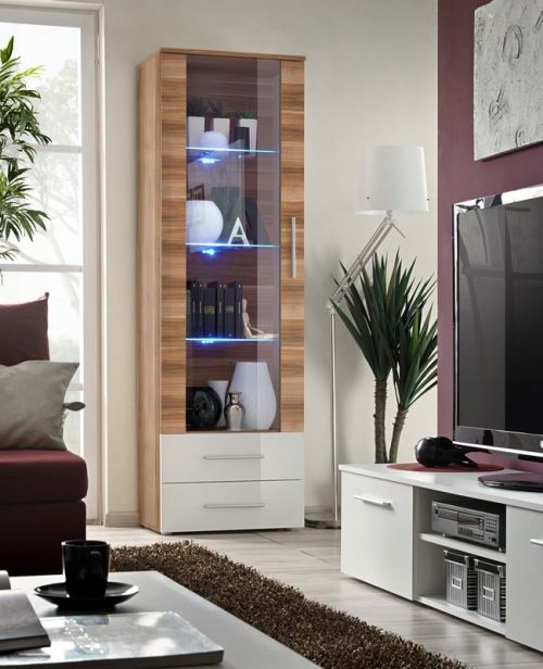 HOMEMANIA Meuble de Rangement Multi-Usages Neo I - avec Porte, Étagères, Tiroirs - pour Séjour, Cuisine, Entrée - Noyer, Blanc en Bois, 60 x 40 x 190 cm