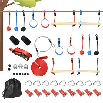 Parcours d'obstacles ninja enfant - 30 accessoires, 10 m de slackline - sac de transport - bleu rouge - 1