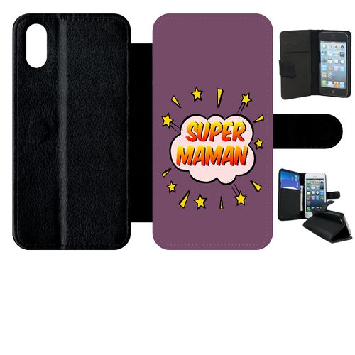 Etui My-Kase pour iPhone X - super maman fond violet - Simili-cuir Noir