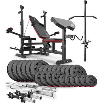 Hop-Sport Ensemble d'haltères 135 kg et Banc de Musculation Multifonction HS-1075, Pupitre de Biceps, Papillon, Poulie haute, Set de disques de poids en plastique 31 mm, Kit de Barres d'haltères - 1