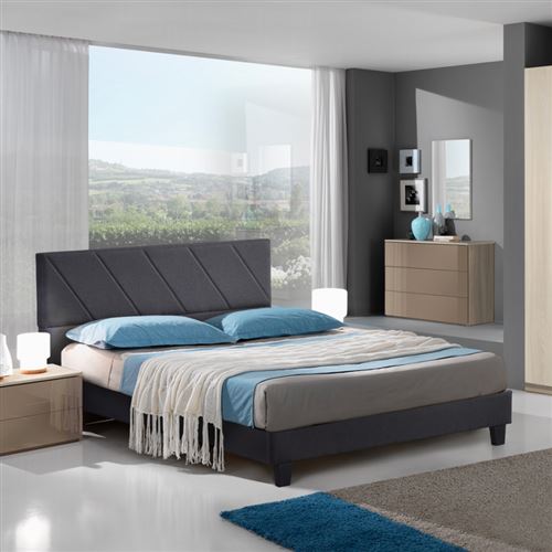 Lit double 2 personnes avec sommier Ã  lattes en tissu 160x190cm Olten, Couleur: Gris foncÃ©