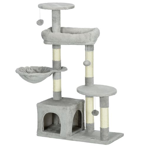 PawHut Kratzbaum Kletterbaum Katzenkratzbaum 104 cm hoch Multi-Aktivitätszentrum mehrstufige Säulen verstärkt 3 hängende Bälle hellgrau   Aosom