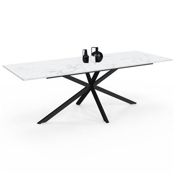 Table à manger extensible rectangle ALIX 8-12 personnes pied araignée noir plateau effet marbre blanc ALASKA 200-240 cm - 1
