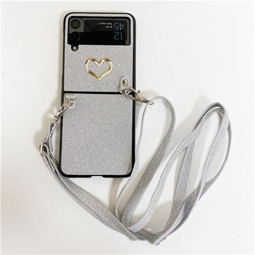 Coque Pour Samsung Galaxy Z Flip 3 Frusde avec Bandoulière En Forme de Coeur Etui-Argent