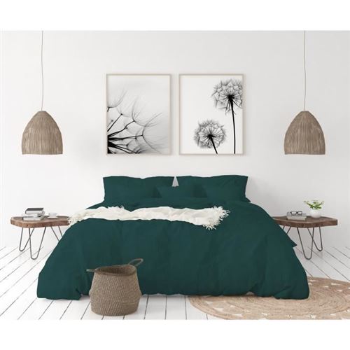 lovely home parure de couette en 100% lin 220x240cm + 2 taies 65x65cm  coloris vert sapin