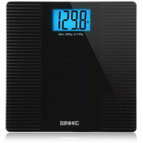 Duronic BS203 Balance Corporelle / Pèse Personne Capacité élevée de 200kg Ecran LCD éclairé lisible Verre noir Finition antichute Mesure en kilogrammes Automatique Surveillez votre poids