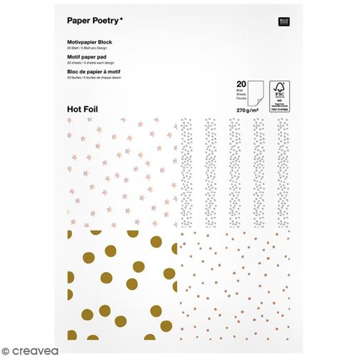 Bloc papier - Pois dorés et argentés - 21 x 29,5 cm - 20 feuilles