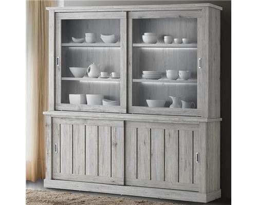 Grand vaisselier 220 cm LED couleur chêne rustique EDYNE - L 221 x P 46 x H 214 cm