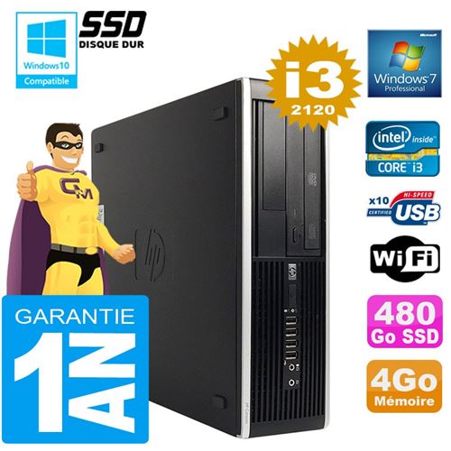 Pc hp compaq 8300 sff core i3-2120 ram 4go disque 480 go ssd graveur dvd wifi w7