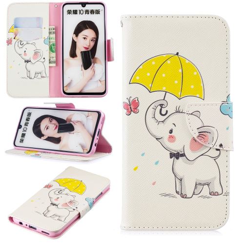 Etui en PU feuille de papier pour l'impression de motifs éléphant tenant un parapluie pour votre Huawei P Smart (2019)/Honor 10 Lite