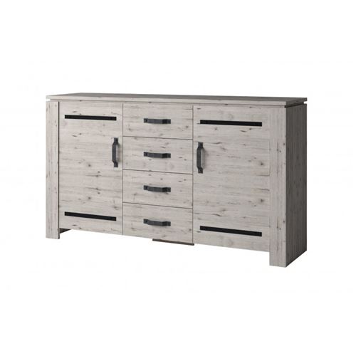 Buffet 2 portes et 4 tiroirs IRON. Meuble pour votre salon ou votre salle à manger. Coloris chêne naturel Wellington.