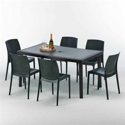 Grand Soleil - Table rectangulaire et 6 chaises Poly rotin colorées 150x90cm noir Enjoy, Chaises Modèle: Boheme Anthracite noir