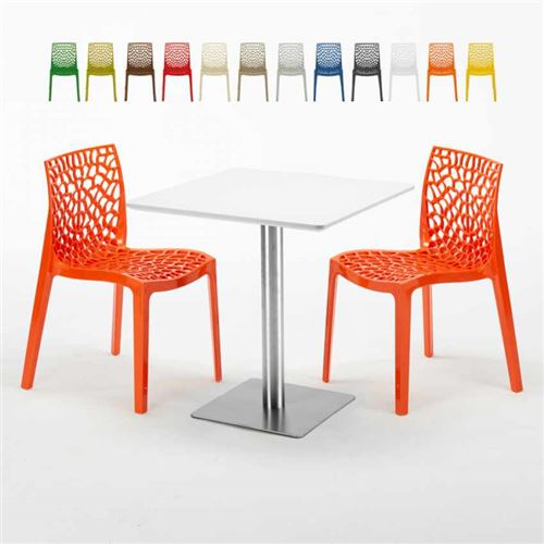 Table carrée blanche 70x70 avec pied en acier et 2 chaises colorées Gruvyer STRAWBERRY, Couleur: Orange