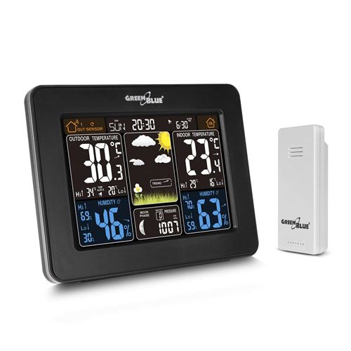 Green Blue GB523 Station météo sans Fil avec Alarme sonde extérieure Réveil Calendrier Baromètre Thermomètre Phases de Lune DCF (GB523)