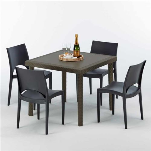Grand Soleil - Table carrée et 4 chaises colorées Poly-rotin résine 90x90 marron, Chaises Modèle: Paris Noir anthracite