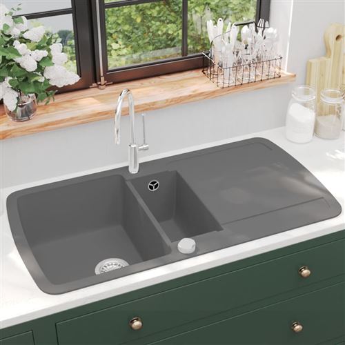vidaXL Évier de cuisine en granit Double bac Gris