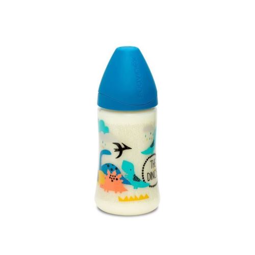 SUAVINEX Biberon 270ml Dino silicone rond 3 vitesses - bleu