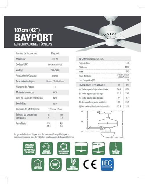 Hunter Fan 24170 Bayport Ventilateur de plafond 107 cm Blanc 