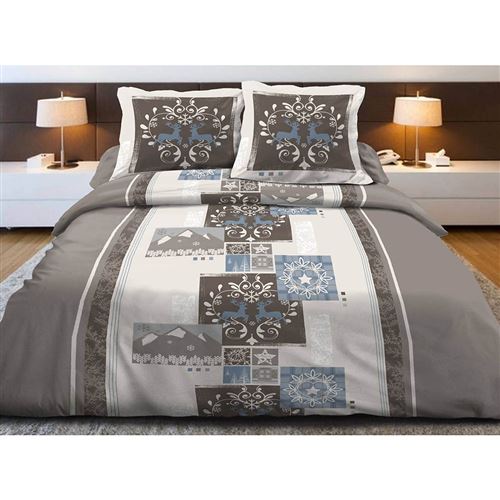 Housse de couette Mountain Freez Bleu 220x240cm + 2 taies 100% coton 57 fils