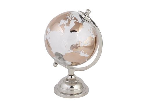 Petit globe terrestre à poser style vintage KOSMOS - métal et verre - 14 x 12.7 x 20 cm - couleur argent et cuivre