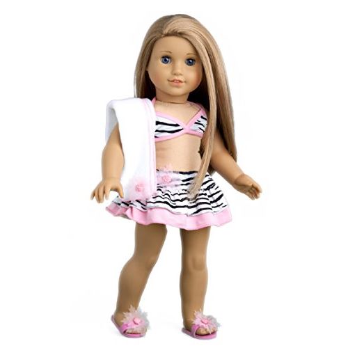 DreamWorld collections - Fun with The Sun - 4 Piece Bikini Outfit - Skirt, Bikini Top, Matching Flip Flops and Beach Blanket - clothes Fits 18 Inch American girl Doll (Doll Not Included)