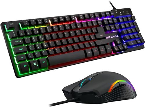 The G-LAB Combo KRYPTON - Pack Clavier et Souris Gamer filaire Rétro-éclairage RGB - Clavier Gaming AZERTY USB Anti-Ghosting + Souris Gaming 6 boutons 3200 dpi - Pack Gamer PC PS4 Xbox One Mac (Noir)