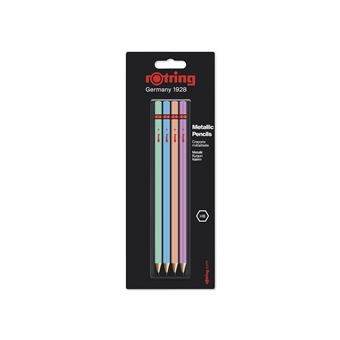 rOtring, Set de 4 Crayons en bois Métalliques HB : Vert, Bleu, Orange et Rose