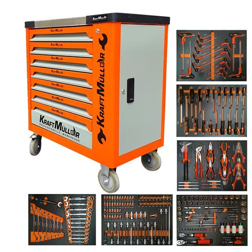 Kraft Muller KM-7-6-535PCS Servante d'atelier 219 outils inclus - 7 tiroirs & 1 porte - Type chariot avec roulette - Orange