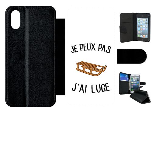 Etui My-Kase pour iPhone X - je peux pas j ai luge fond blanc - Simili-cuir Noir