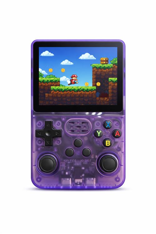 Console rétro portable MICHLO R36S – Écran 3,5" – 64 Go – Jeux intégrés – Violet transparent