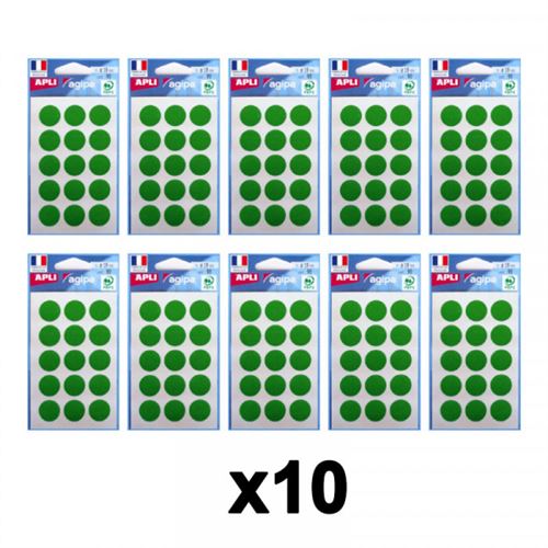 Lot De 10 Sachets De 90 Gommettes Auto-Adhésives - 19Mm - 90 Étiquettes - Vert - Apli 111965