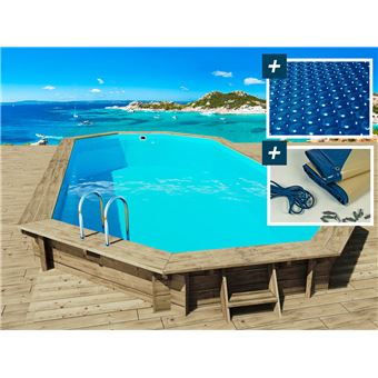 piscine bois sevilla - 8.57 x 4.57 x 1.45 m + bâche à bulles 180 µ + bâche hiver 280 gr/m² - 1